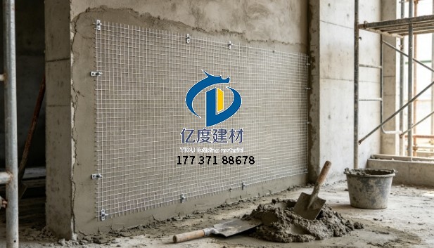工地内墙抹灰铺设电焊网现场，网片搭接规范，土建抹灰施工写实画面.jpg